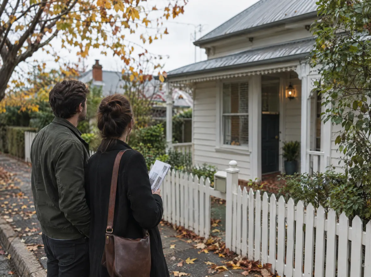 A couple looking at a weatherboard house from the footpath