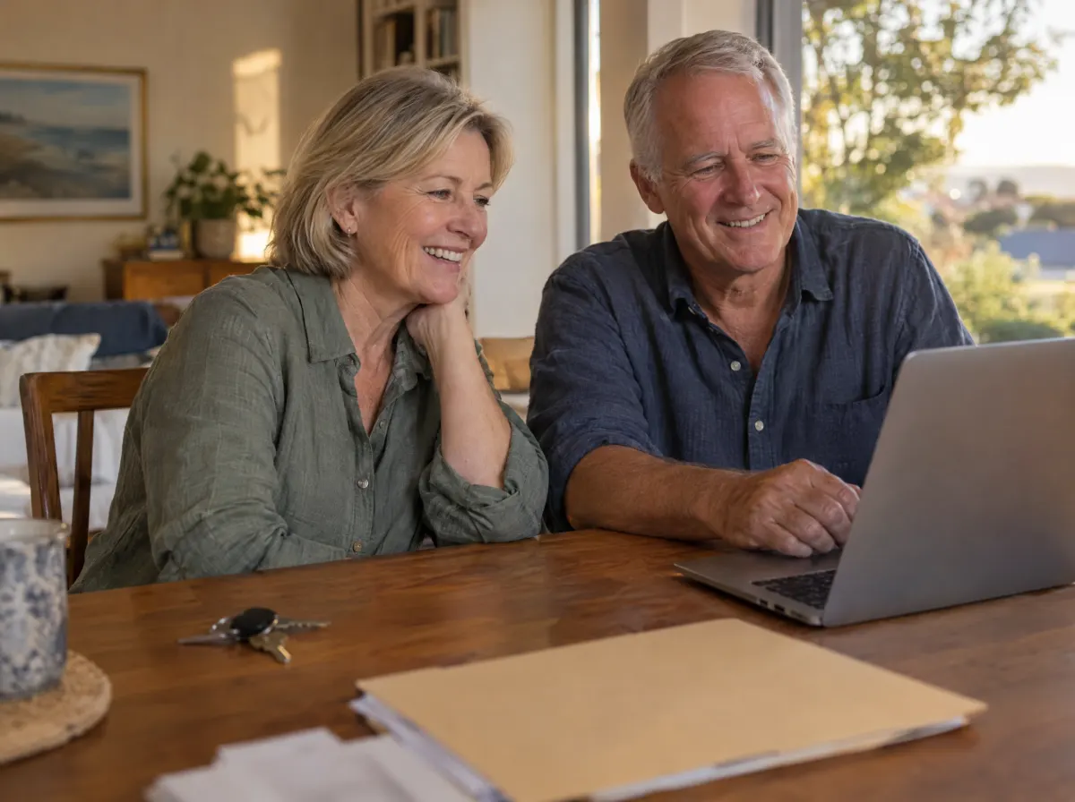 A couple at their dining table with a laptop, a folder and house keys