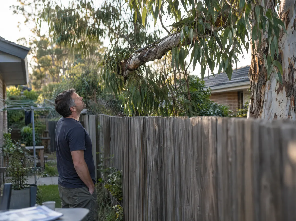 A man looking up at a gum tree branch hanging over a backyard fence