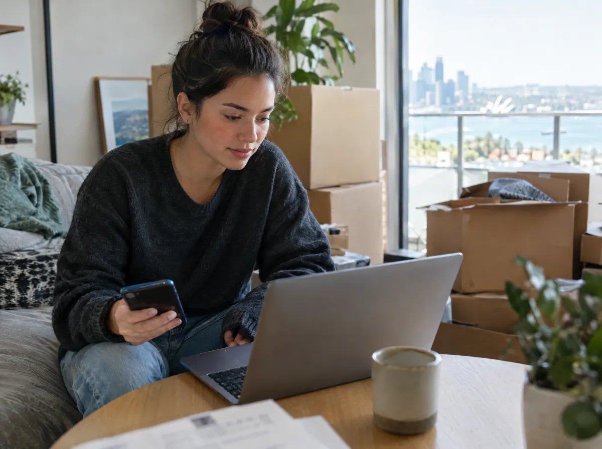 A renter checking details on a phone and laptop in an apartment