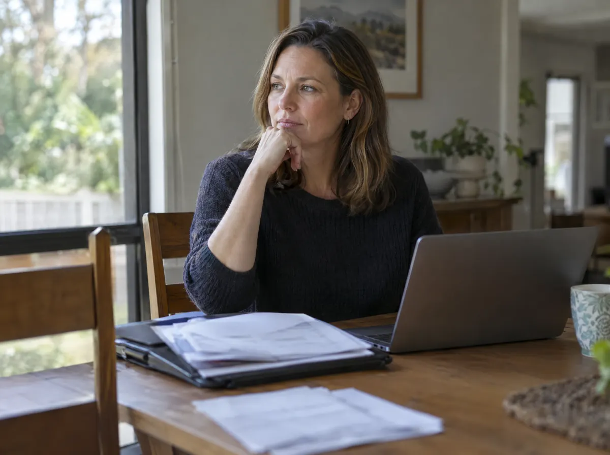 A woman reviewing a folder of papers at her dining table