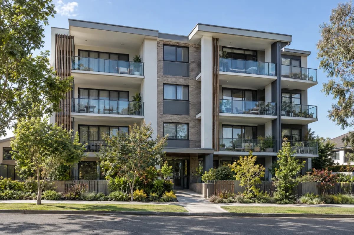 A modern residential apartment building with balconies